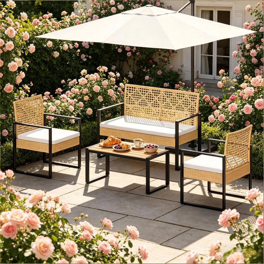 Mobili Da Giardino Modulare 4 Pezzi Con Divano, Sedie E Tavolino, Naturale, Rattan E Metallo