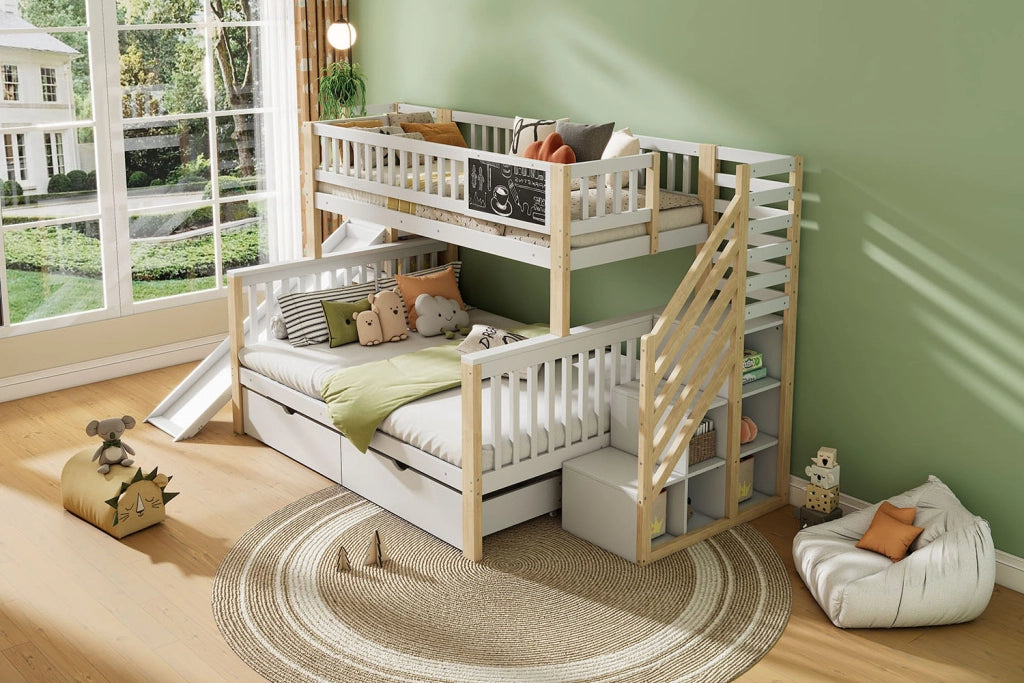 DESMIU Letto a castello per bambini 90 × 200 cm e 140 × 200 cm con scala, lavagna e scivolo, senza materasso, bianco