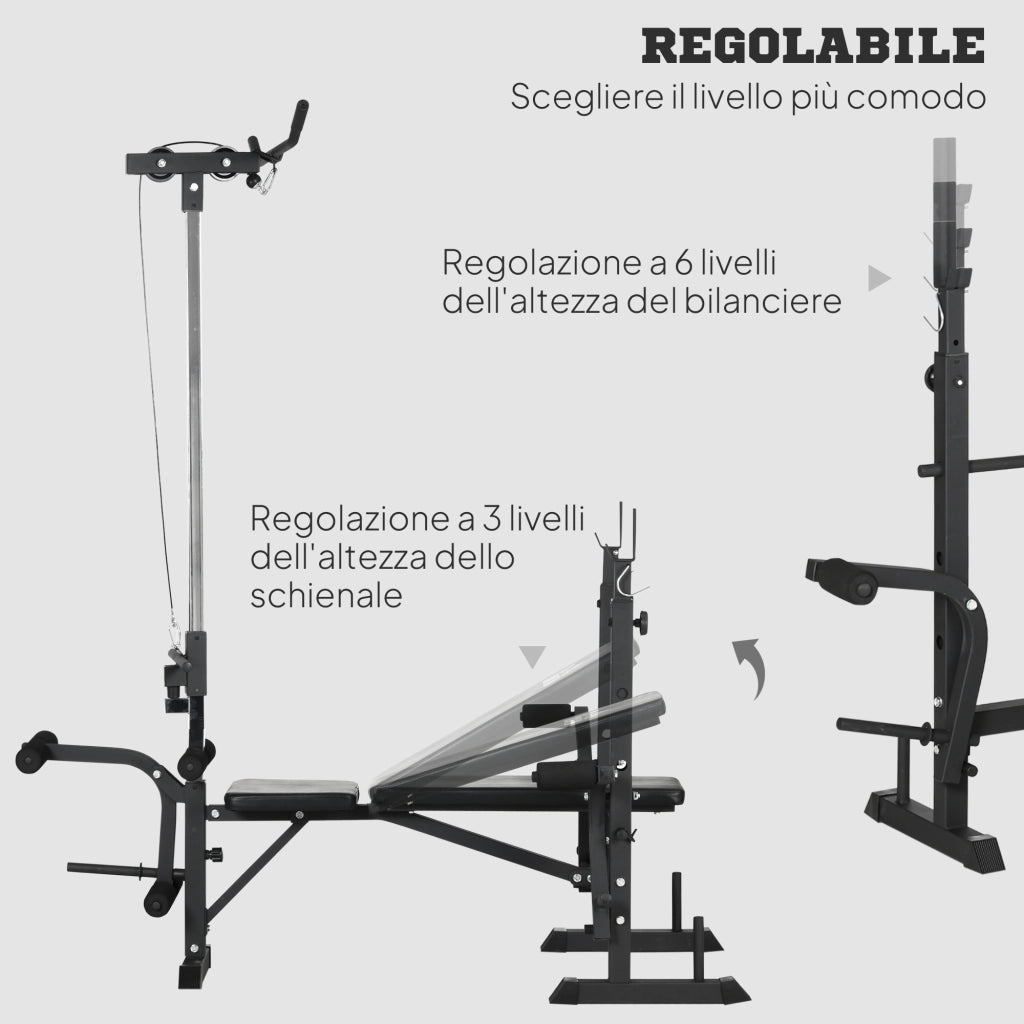 Panca Fitness con Leg Press, Squat Rack e Leg Extension, in Acciaio e PU, 180x134x200 cm, Nero e Argento