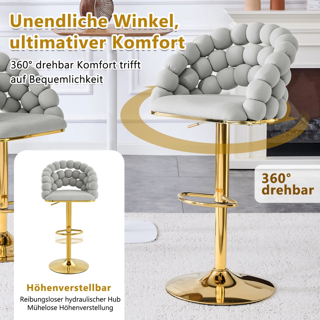Tabouret de bar girevole in velluto con altezza regolabile e base metallica dorata grigio chiaro set da 2