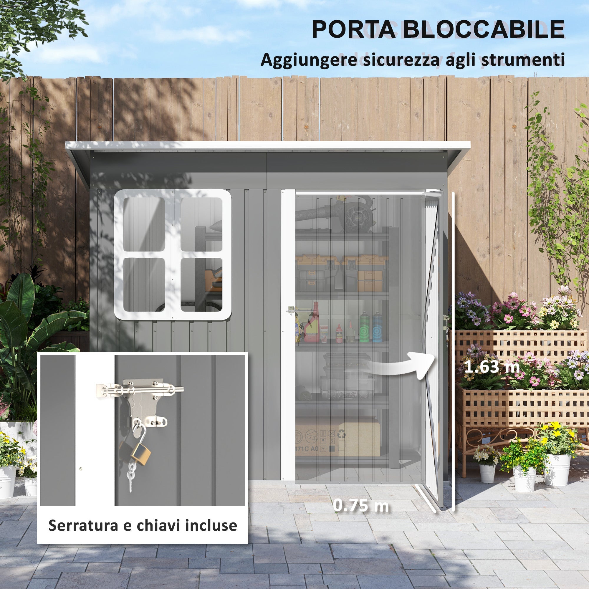 Casetta Box da Giardino 220x130 cm Porta con Blocco Finestra e Prese d'Aria in Acciaio Grigio