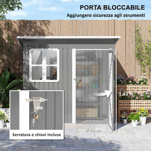 Casetta Box da Giardino 220x130 cm Porta con Blocco Finestra e Prese d'Aria in Acciaio Grigio