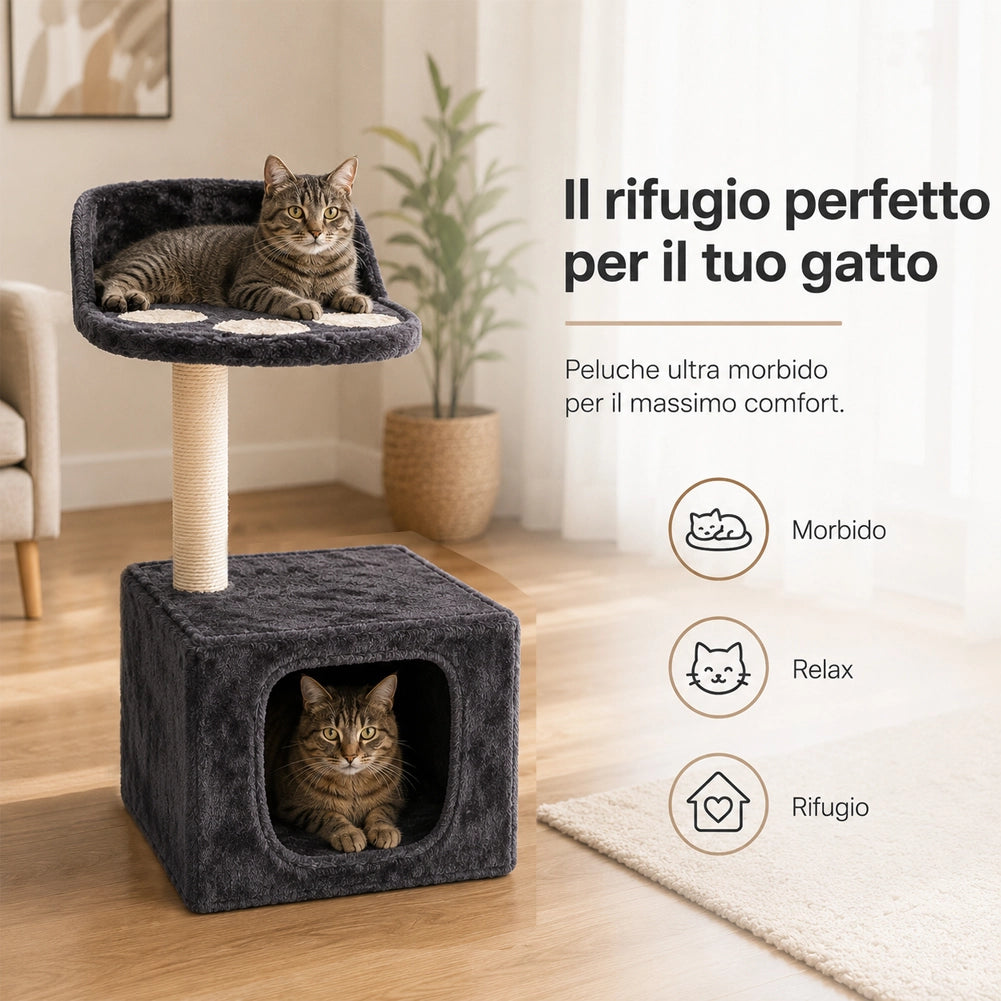 Albero Palo Tiragraffi Gatti con Cuccia e Piattaforma 68x30cm Peluche e Sisal