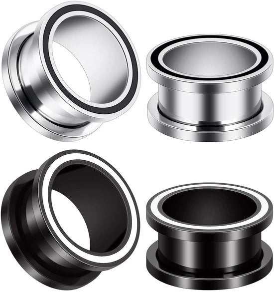 Set di Tunnel Orecchio in Acciaio Inossidabile 316L - Ipersensibilità Ridotta - Nero/Argento - Cappuccio a Viti - 10 mm / 25 mm