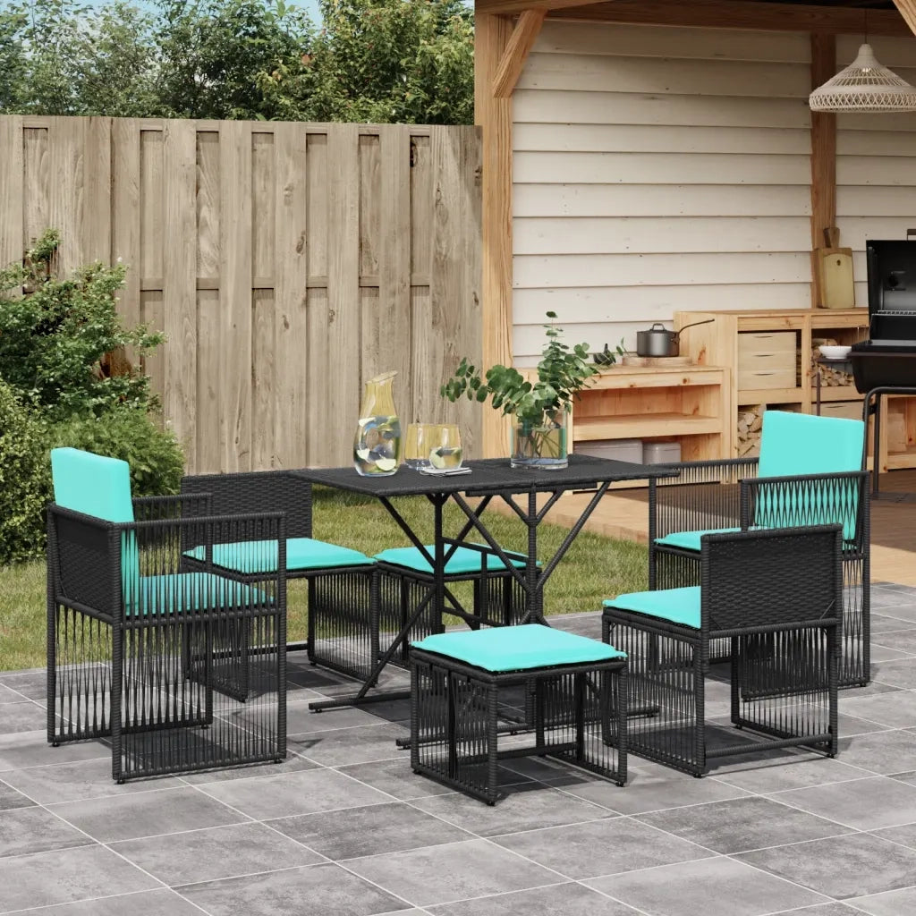 Set da pranzo da giardino da 7 pz con Cuscini in Polyrattan Nero 369017