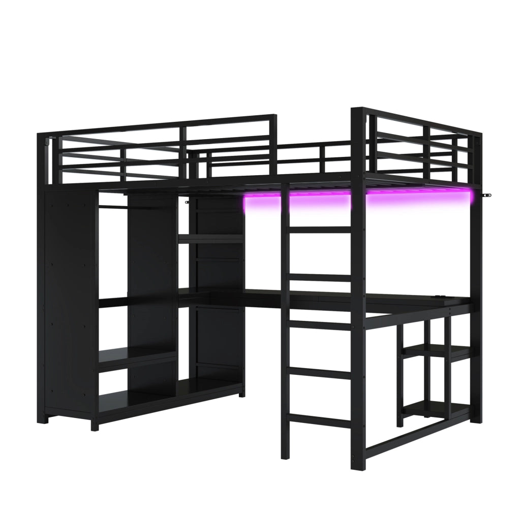 Letto a soppalco 140x200 cm con scrivania; LED e armadio aperto in metallo nero