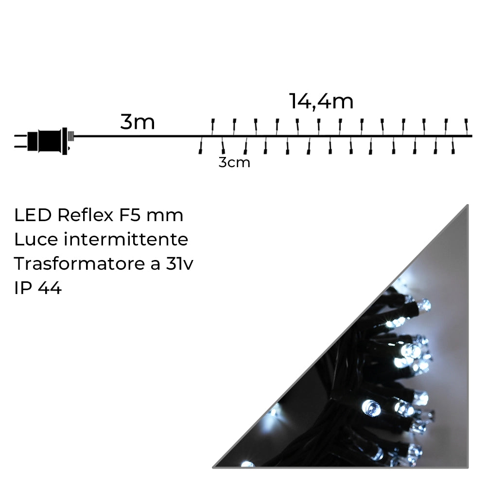 CATENA 480 LED BIANCHI INTERMITTENTI CAVO VERDE DA 14,4MT PER INTERNI/ESTERNI IP44 - ILLUMINAZIONE A BASSA TENSIONE