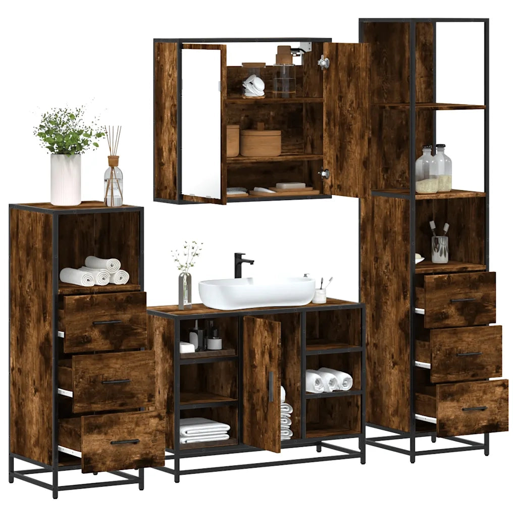 Set Mobili da Bagno 4 pz Rovere Fumo in Legno Multistrato