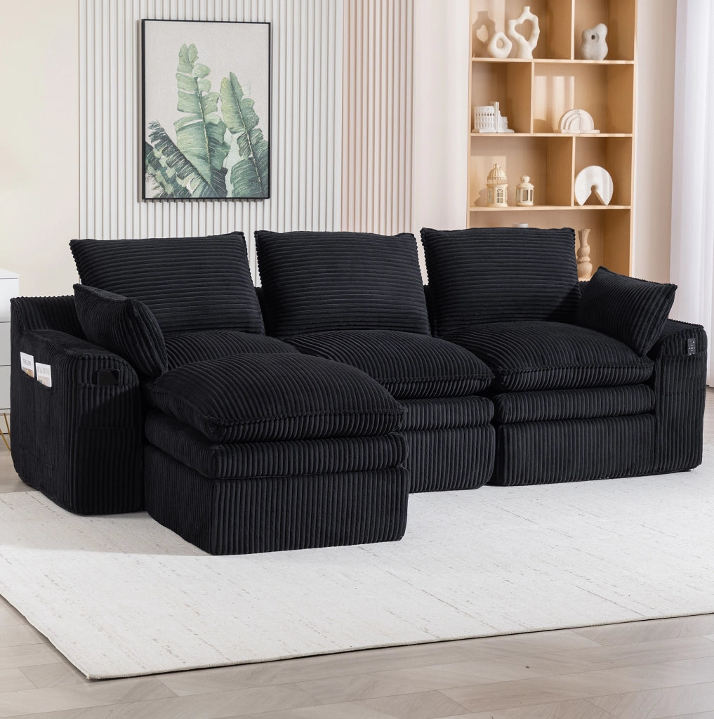Divano modulare in velluto a coste nero con pouf e tasche laterali