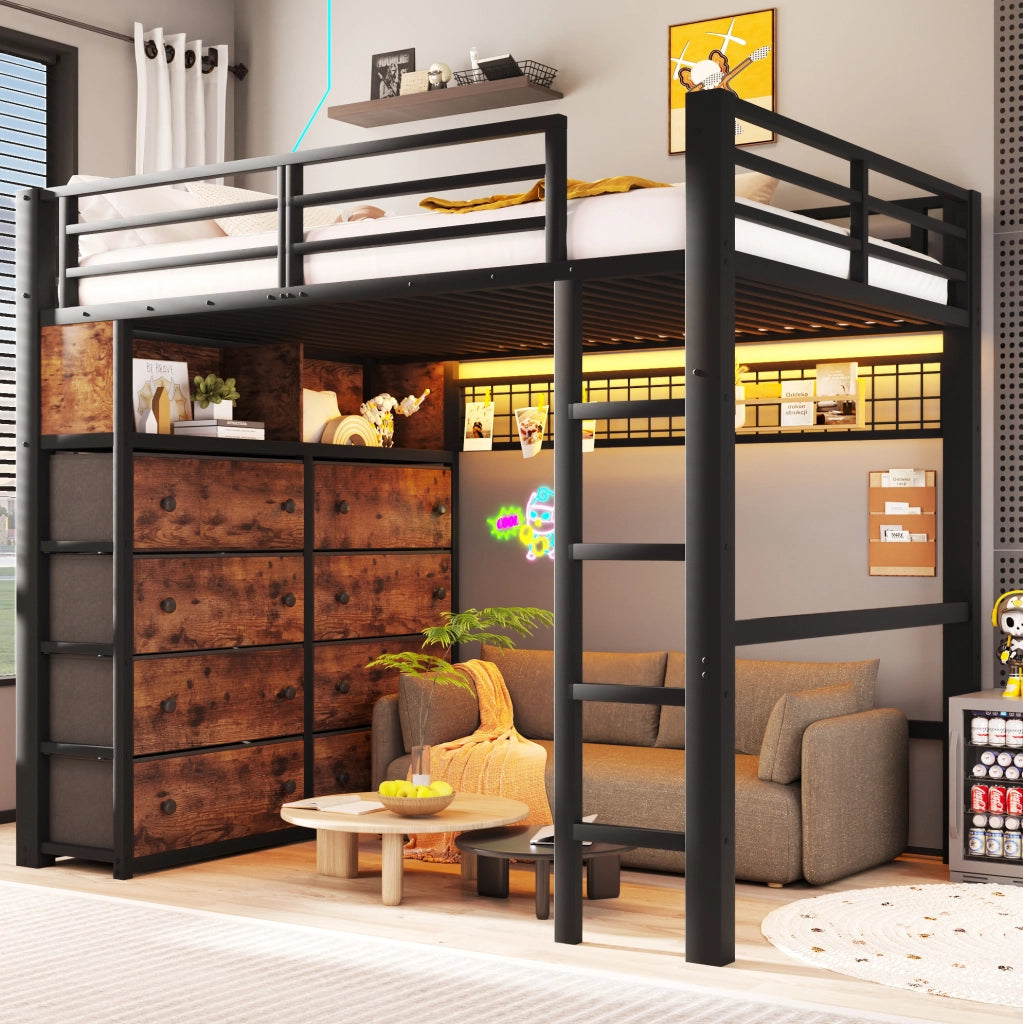 Letto a soppalco ULEVR 140x200 cm con 8 cassetti, ripiani, pannello forato e LED multicolore, nero