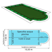 Copertura 15,50 X 7,50 M Invernale Standard 240 Gr/m² Con Bretelle E Salamotti Per Piscine Rettangolari Con Scala Romana 14,00 X 6,00 M