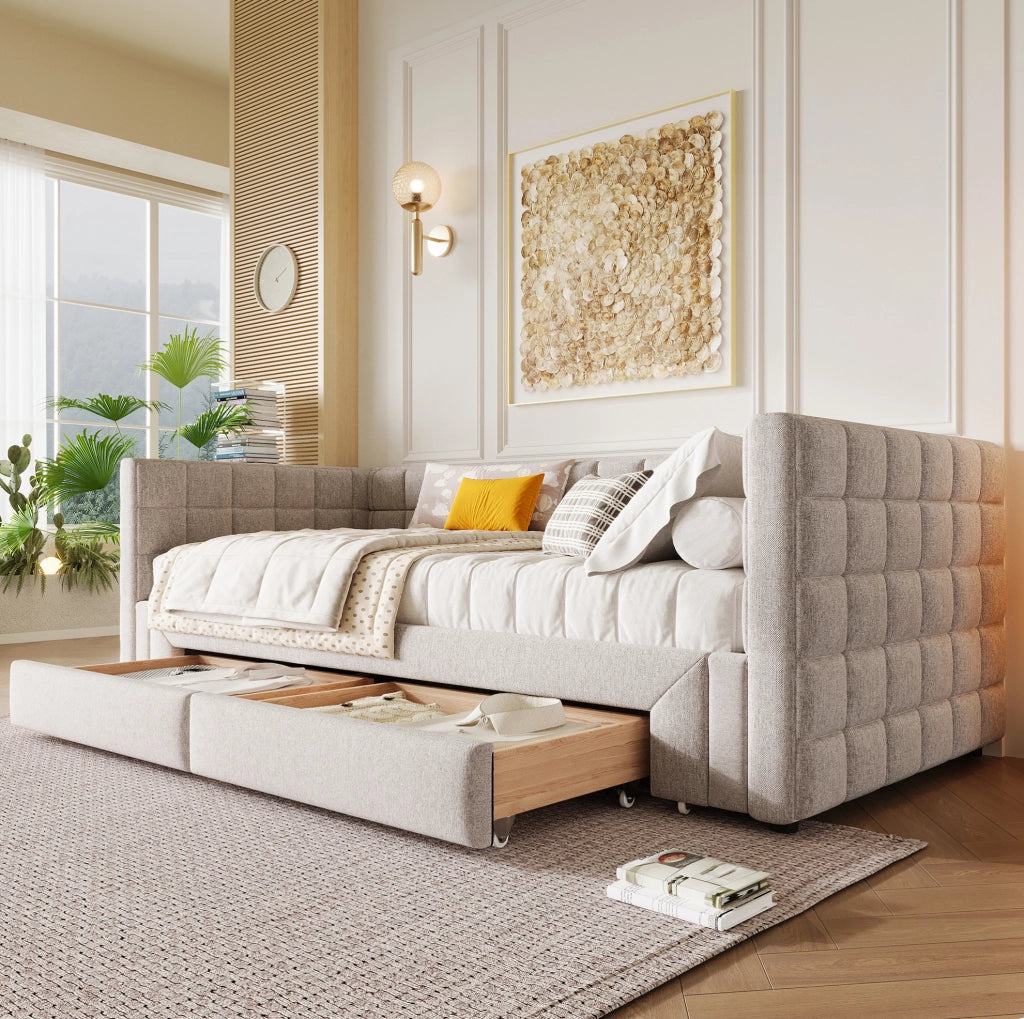 Letto da giorno estraibile 90 x 200 cm con 2 cassetti; velluto e MDF; beige