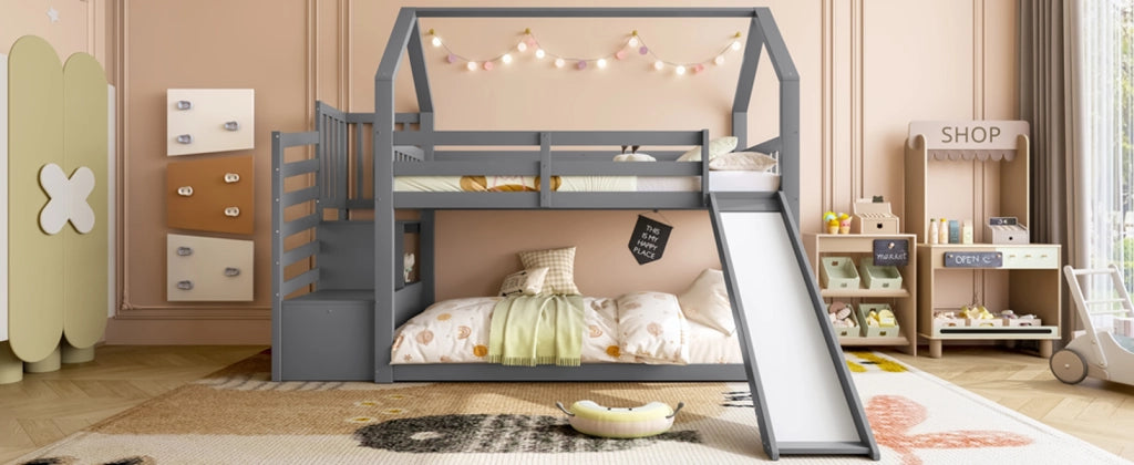 DESMIU Letto a castello 90 × 200 cm 2 posti con scala contenitore e scivolo, senza materasso, in legno e MDF, grigio