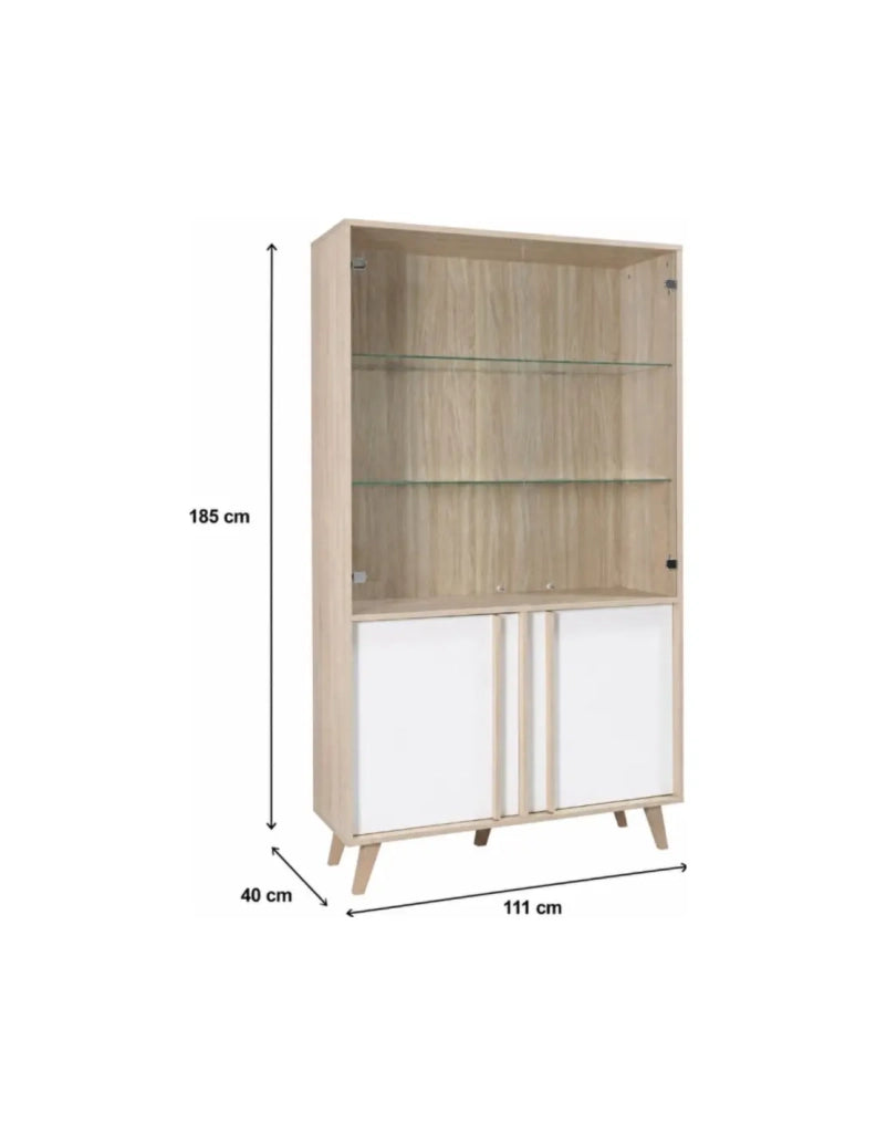 Sala da pranzo completa MALMO con tavolo 160 cm e vetrina LED – Rovere chiaro e bianco – Stile scandinavo