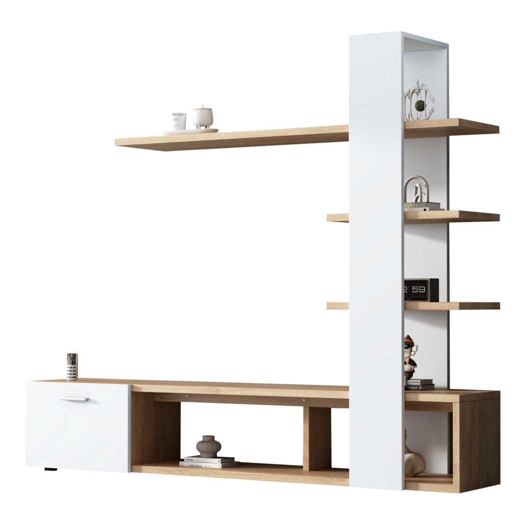 Mobile TV a parete 180 x 33,5 x 151,5 cm bianco e legno con ripiani e anta