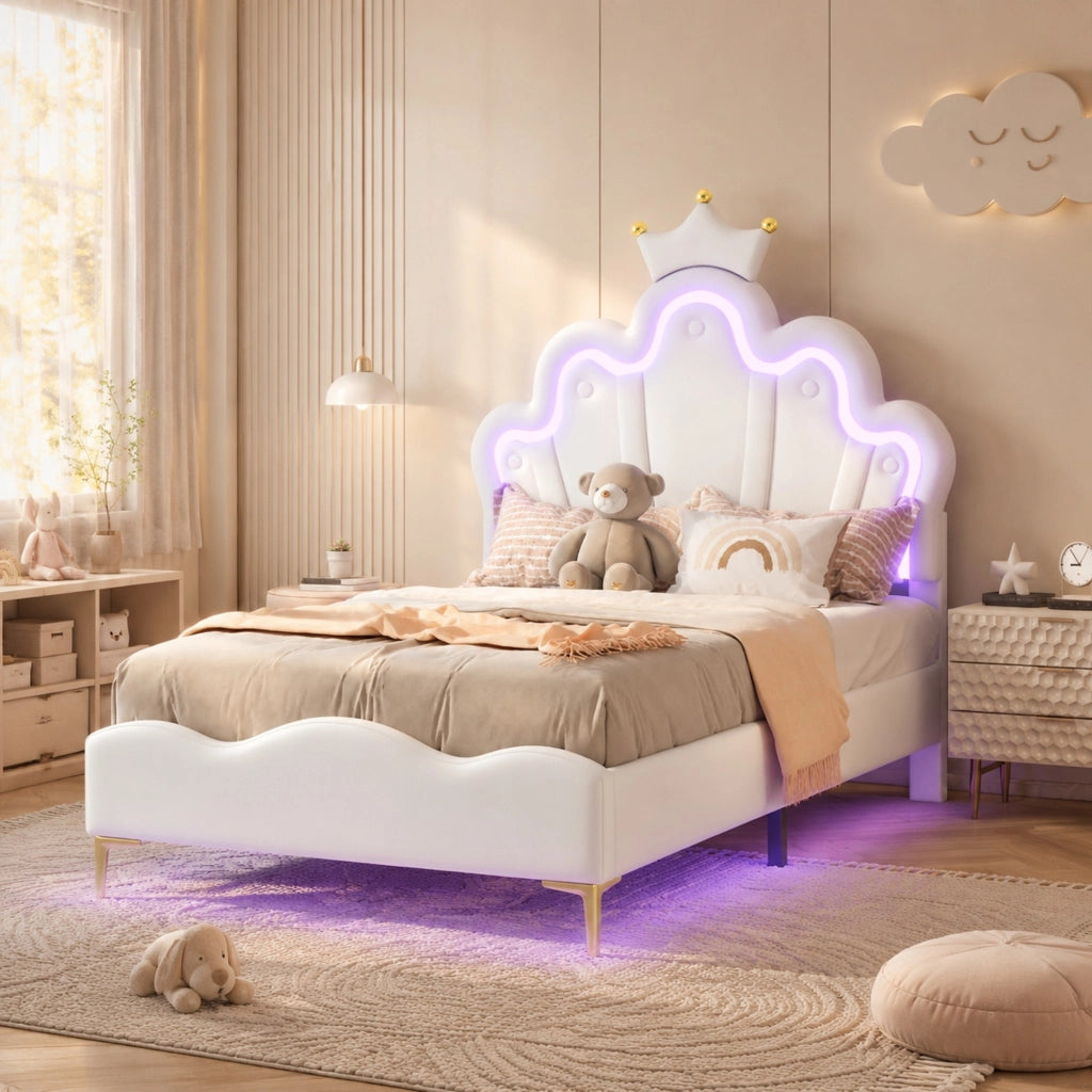 Letto imbottito con corona e luci LED, bianco, 90 x 200 cm