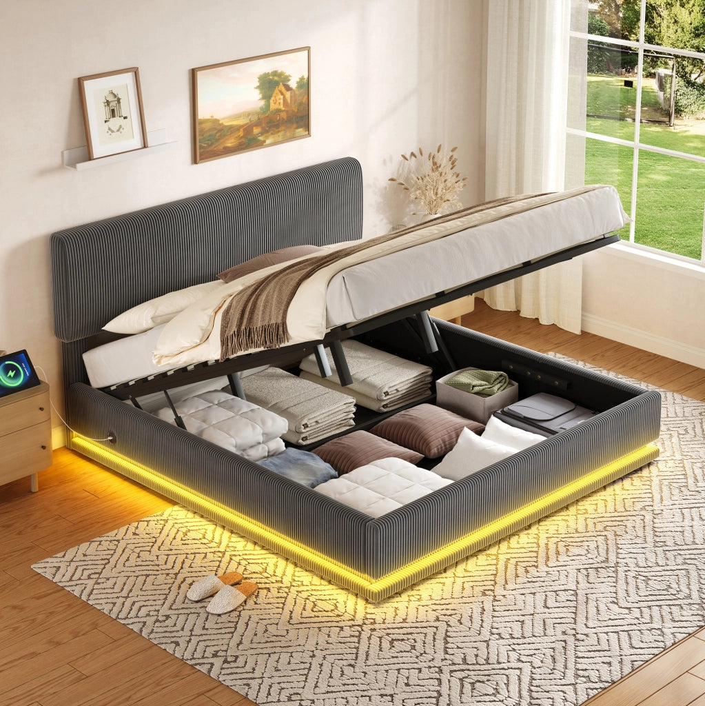 Letto imbottito matrimoniale 160x200 cm in velluto corduroy grigio scuro con LED; USB-C e testiera regolabile