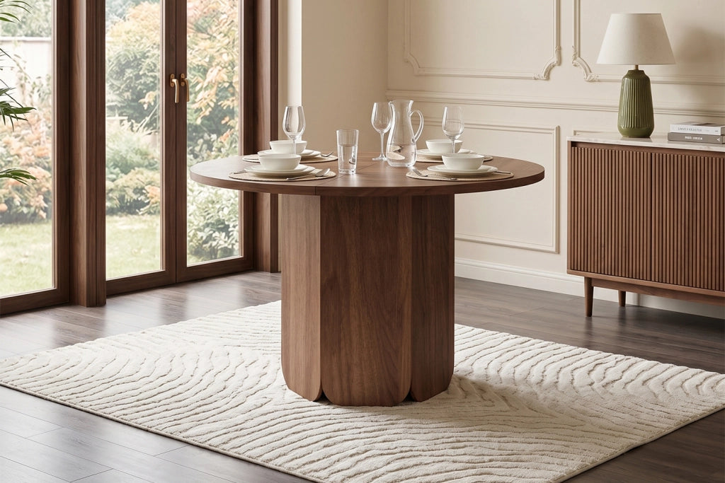 Tavolo da pranzo rotondo 120 cm, colore noce, stile scandinavo, per 4-6 persone
