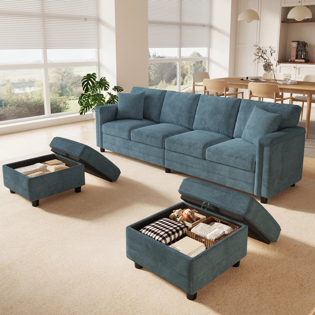 Divano modulare blu in ciniglia 261x134x82 cm con pouf contenitore; USB e Type-C