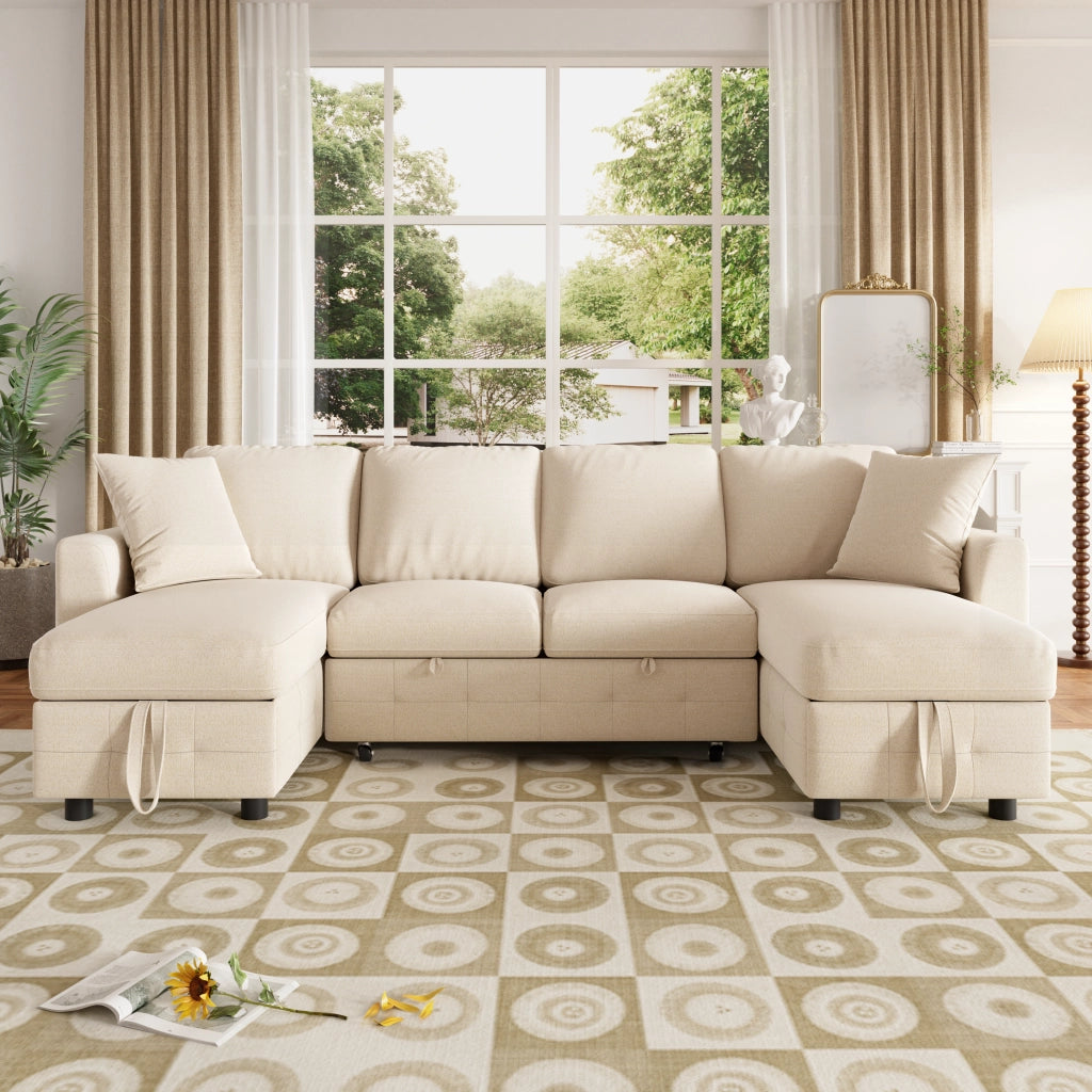 Divano angolare convertibile - con funzione letto e contenitore - in chenille beige