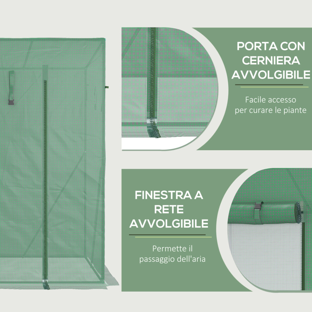 Serra da Giardino in PE e Acciaio con 4 Picchetti, 2 Finestre e Copertura Rinforzata, 200x77x148-169cm