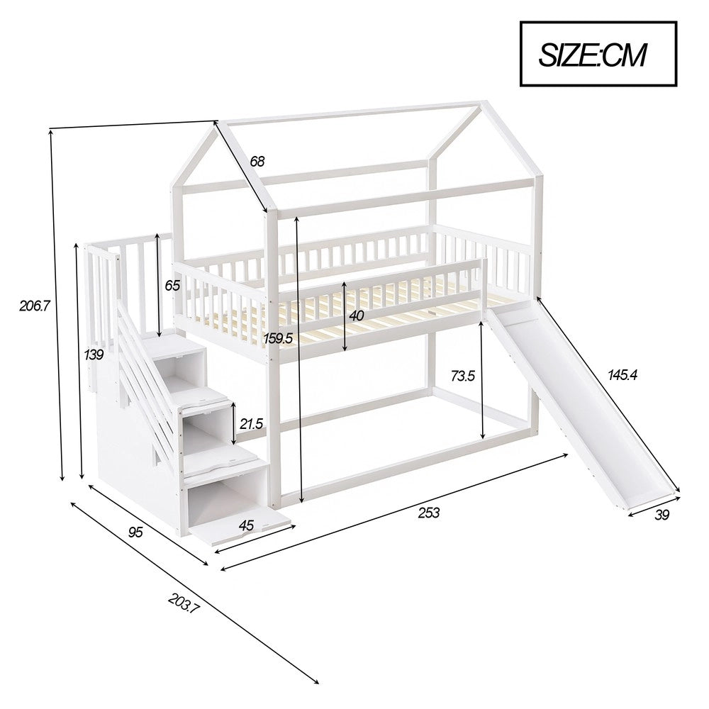 Letto a Castello 90x200 con Scivolo ¨C MINIMAL ¨C Massello Bianco, Doghe, Contenitore
