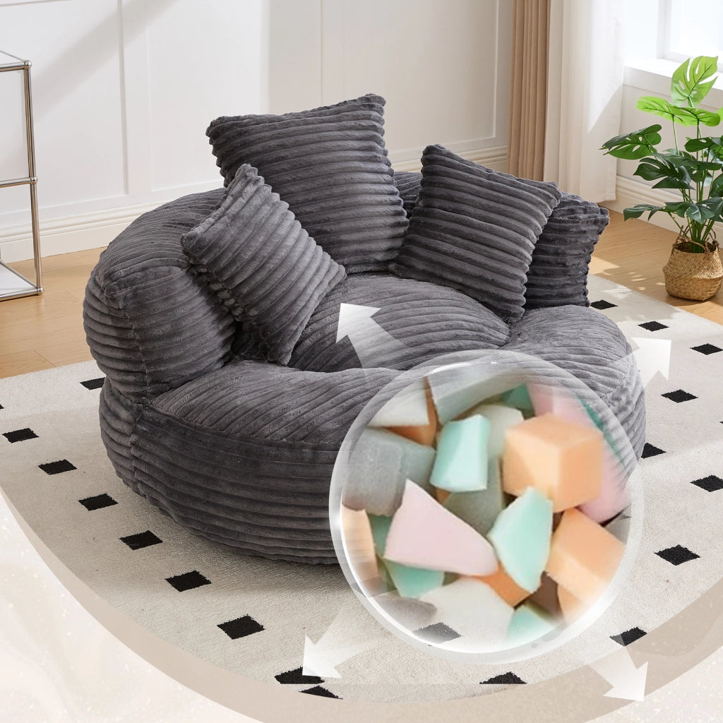 Poltrona Pouf Con Schienale Alto E Braccioli; 3 Cuscini; Seduta Ampia Comfort Lounge; in Velluto A Coste Grigio Scuro