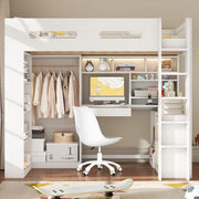 Letto a soppalco bianco 90 x 200 cm con scrivania, armadio e illuminazione LED