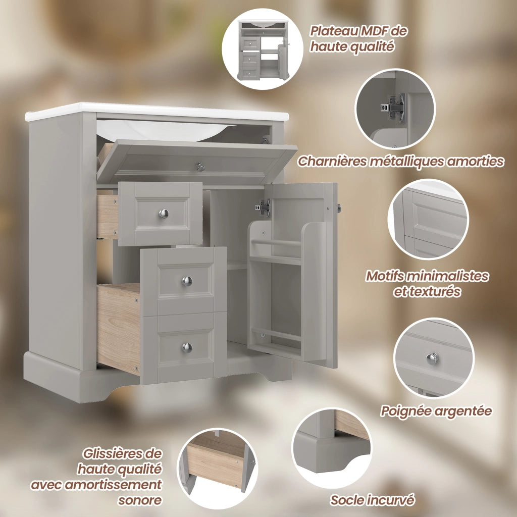 Mobile sottolavabo con lavabo in ceramica, 1 anta, 3 cassetti e ripiani, per bagno, grigio, 76 × 46 × 87 cm