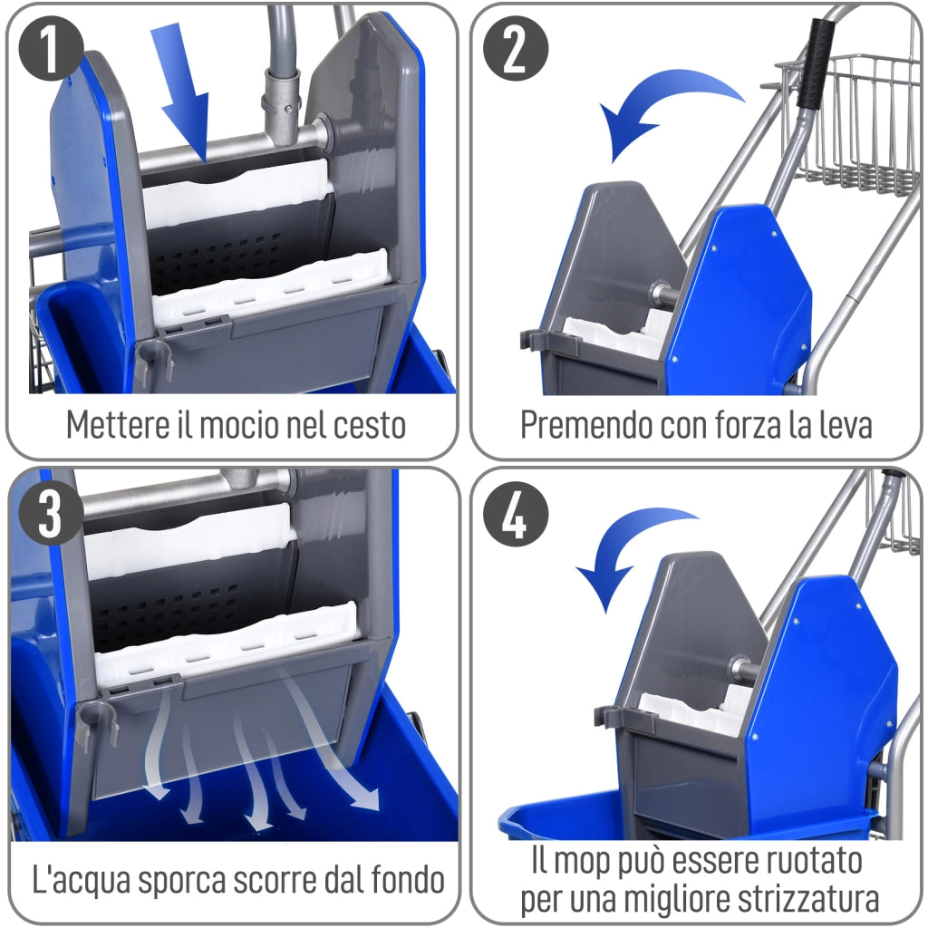 Carrello delle Pulizie Professionale con Secchio da 26L per Mocio, Strizzatore e Cestini a Rete, Blu