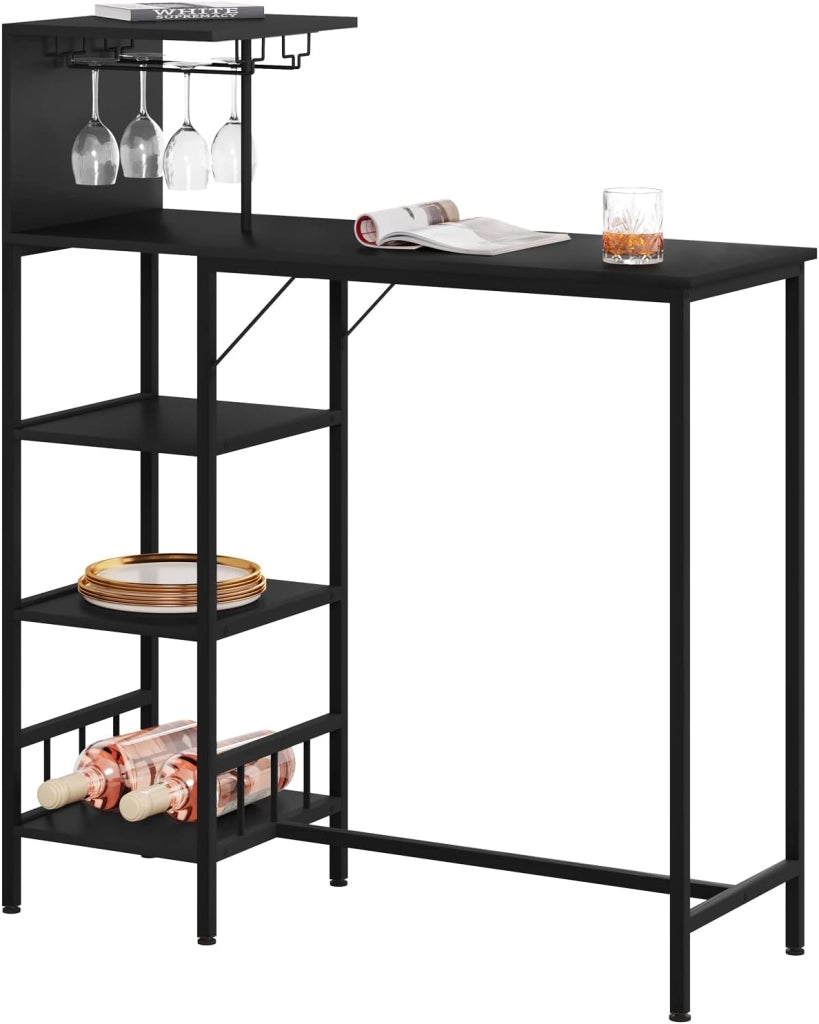 Set 3 Pezzi Tavolo da Bar con 2 Sgabelli Alti, Tavolo da Cucina con 4 Ripiani e 2 Portabicchieri da Vino, Mobile da Bar per Casa, Soggiorno, Ufficio, in Truciolato e Metallo, Nero