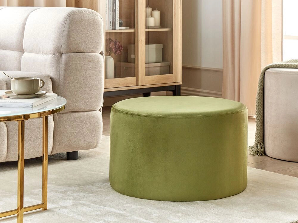 Pouf rotondo in velluto verde oliva ottomana stile moderno contemporaneo