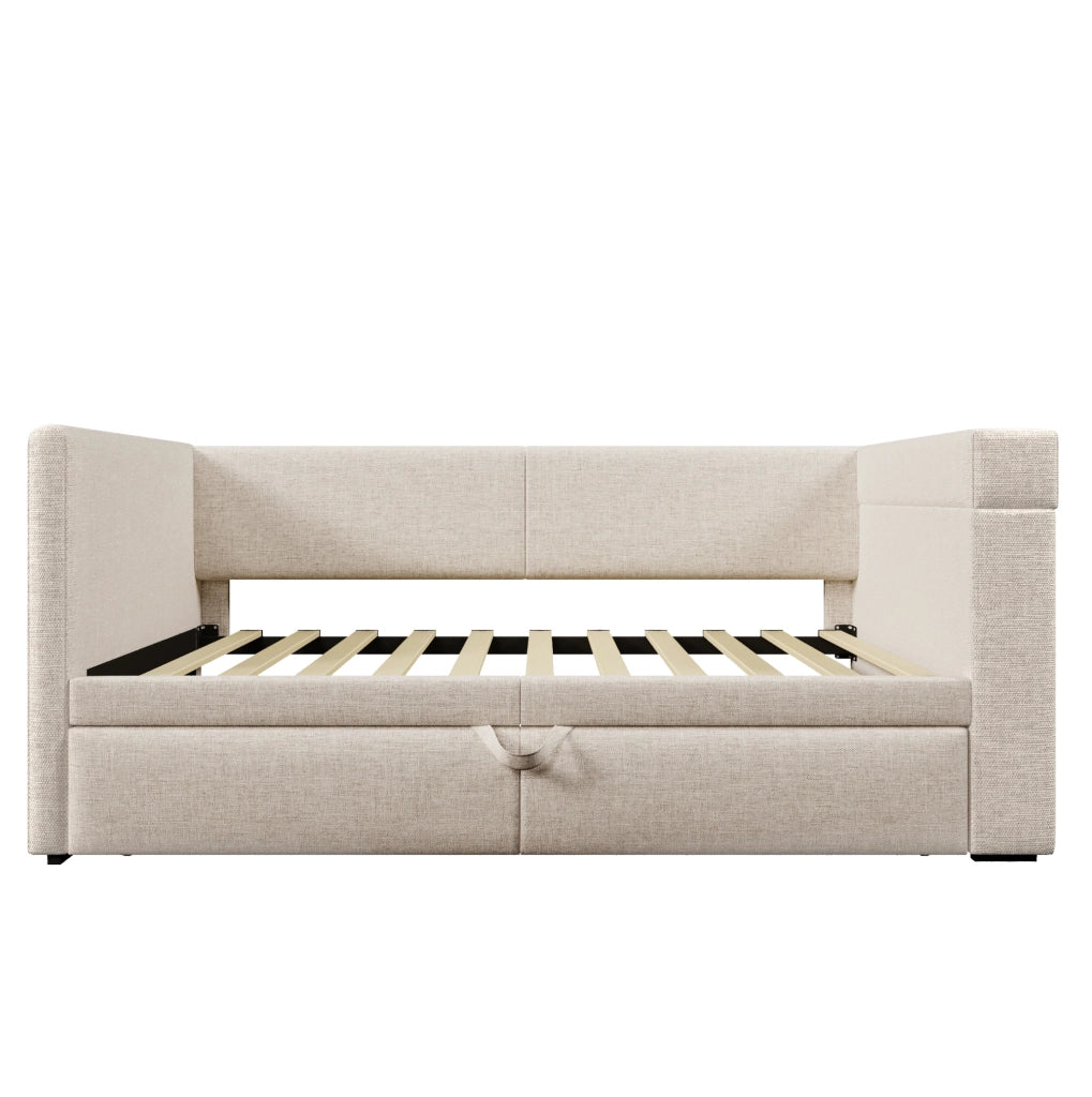 Daybed imbottito 90x200 cm con letto estraibile, USB, Type-C e portabicchieri