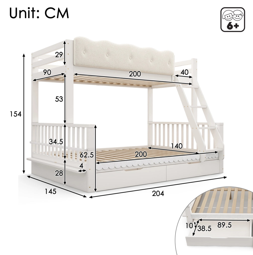 Letto a castello 90x200/140x200 cm bianco con cassetti