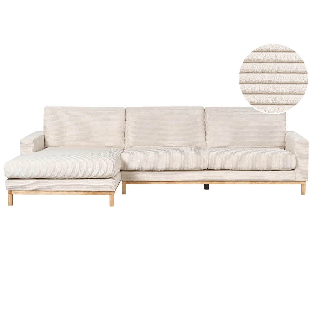 Divano angolare a destra Tappezzeria in corda jumbo beige chiaro Gambe in legno Elegante