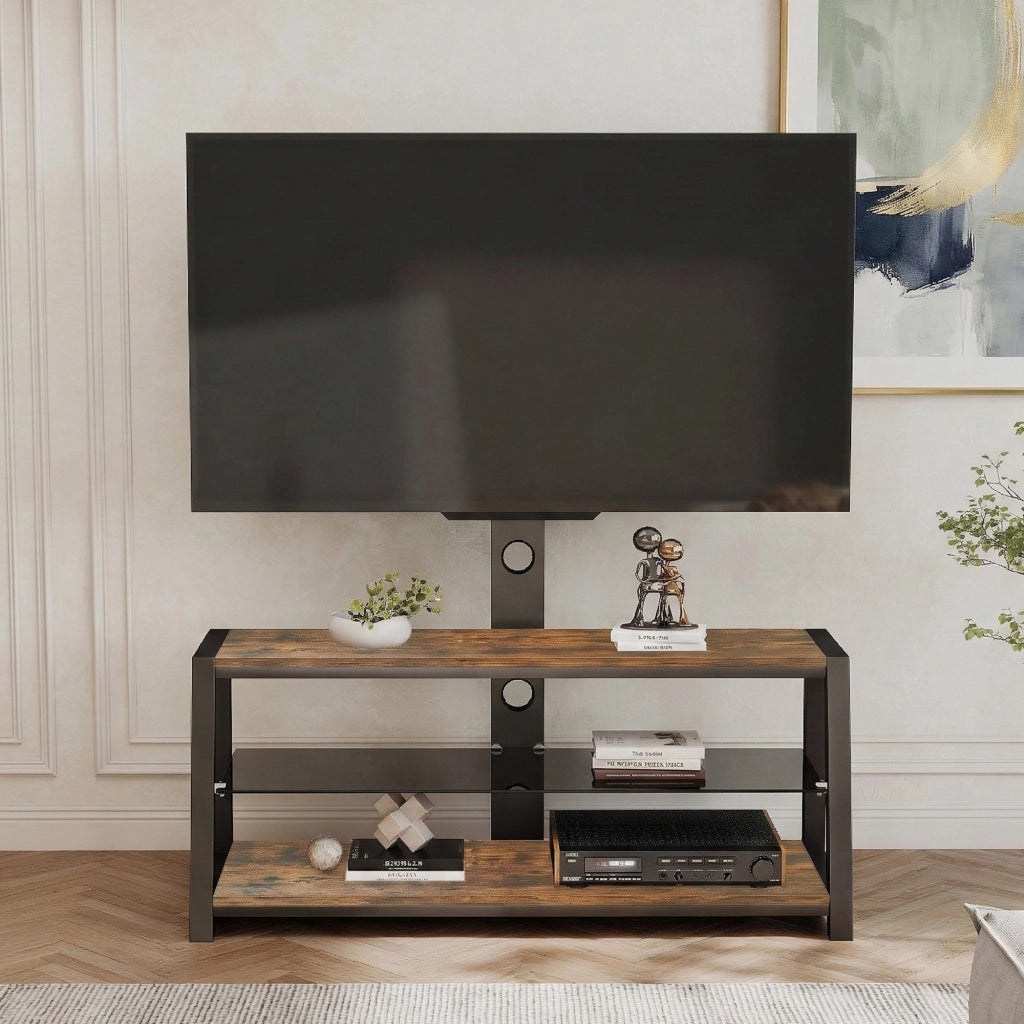 Mobile TV con 3 ripiani; supporto orientabile e passacavi - per soggiorno - in MDF e metallo - 116×42×125 cm - marrone