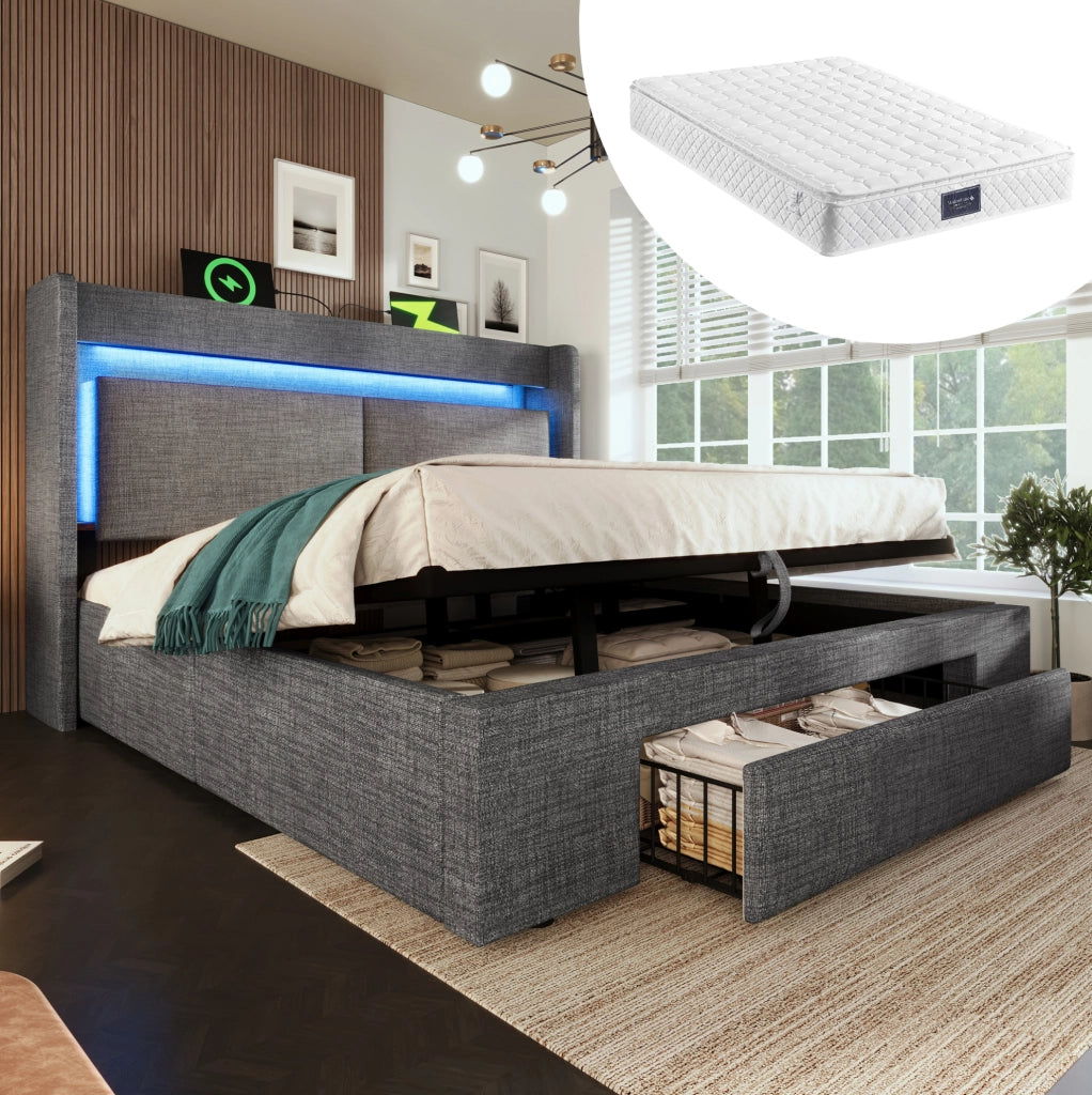 Letto imbottito 140x200 cm con contenitore idraulico; LED; USB/USB-C e materasso; grigio