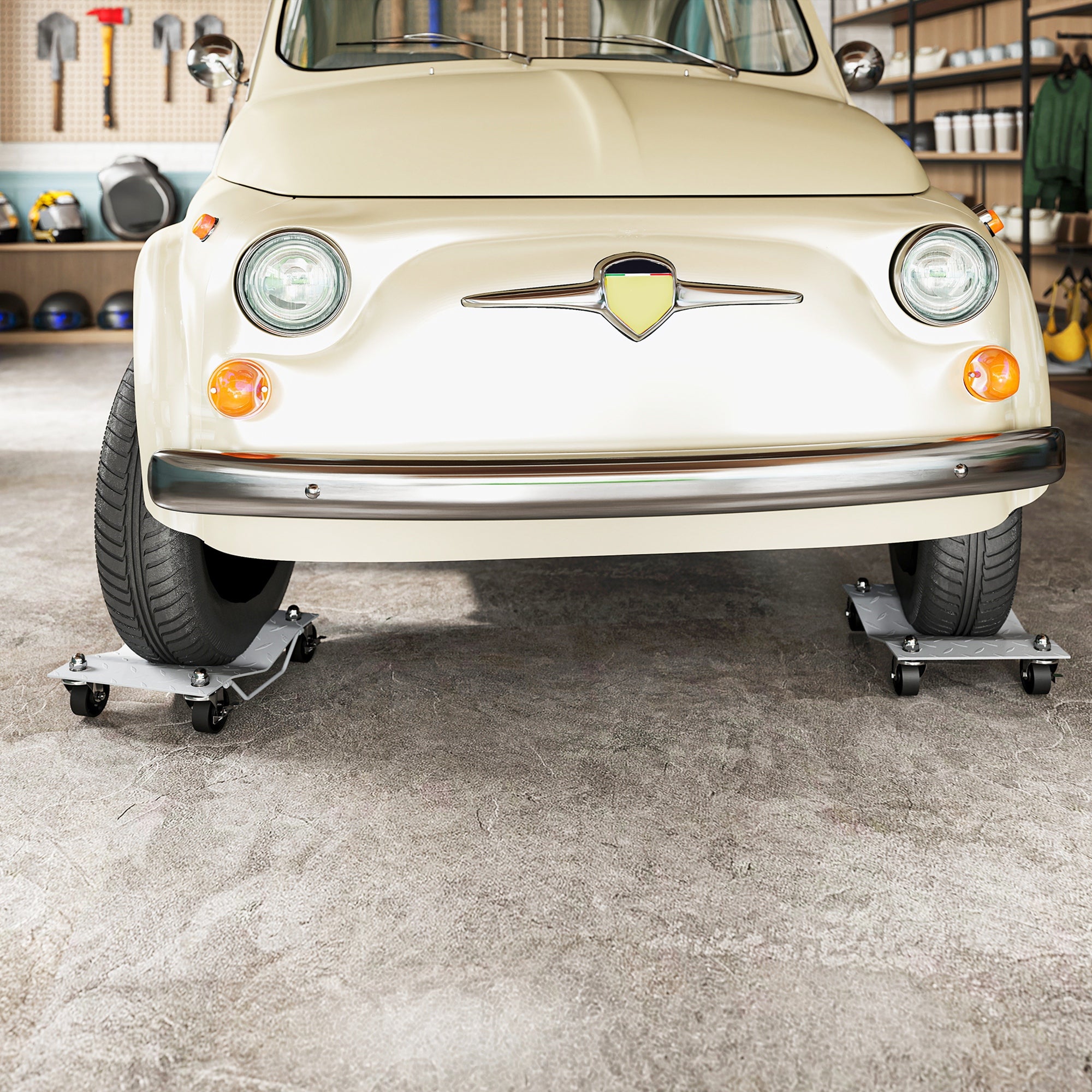 Set di 2 Carrelli Sposta Auto Antiscivolo Carico 680kg con Ruote Girevoli e Bloccabili in Metallo Argento