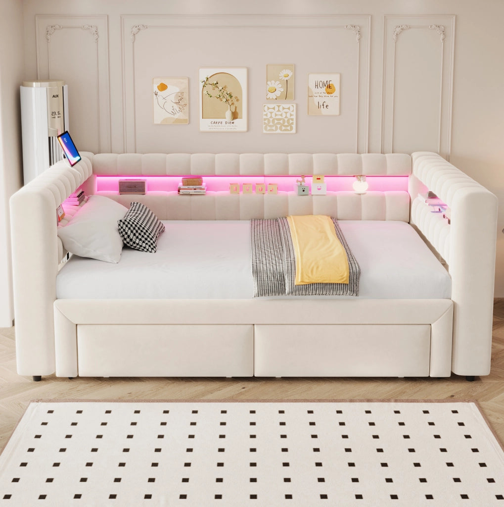 Divano letto imbottito 90x190 cm estensibile 180x190 cm con cassetti; LED; USB e Type-C; beige
