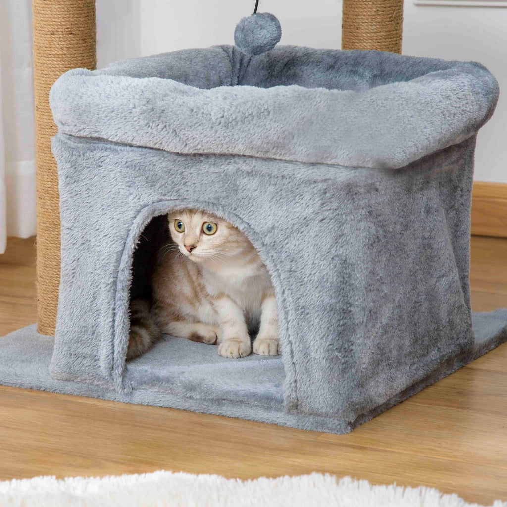 Tiragraffi per Gatti con Pali in Juta, Casetta e Cuscino, Rivestimento Peluche, Altezza 84cm, Grigio