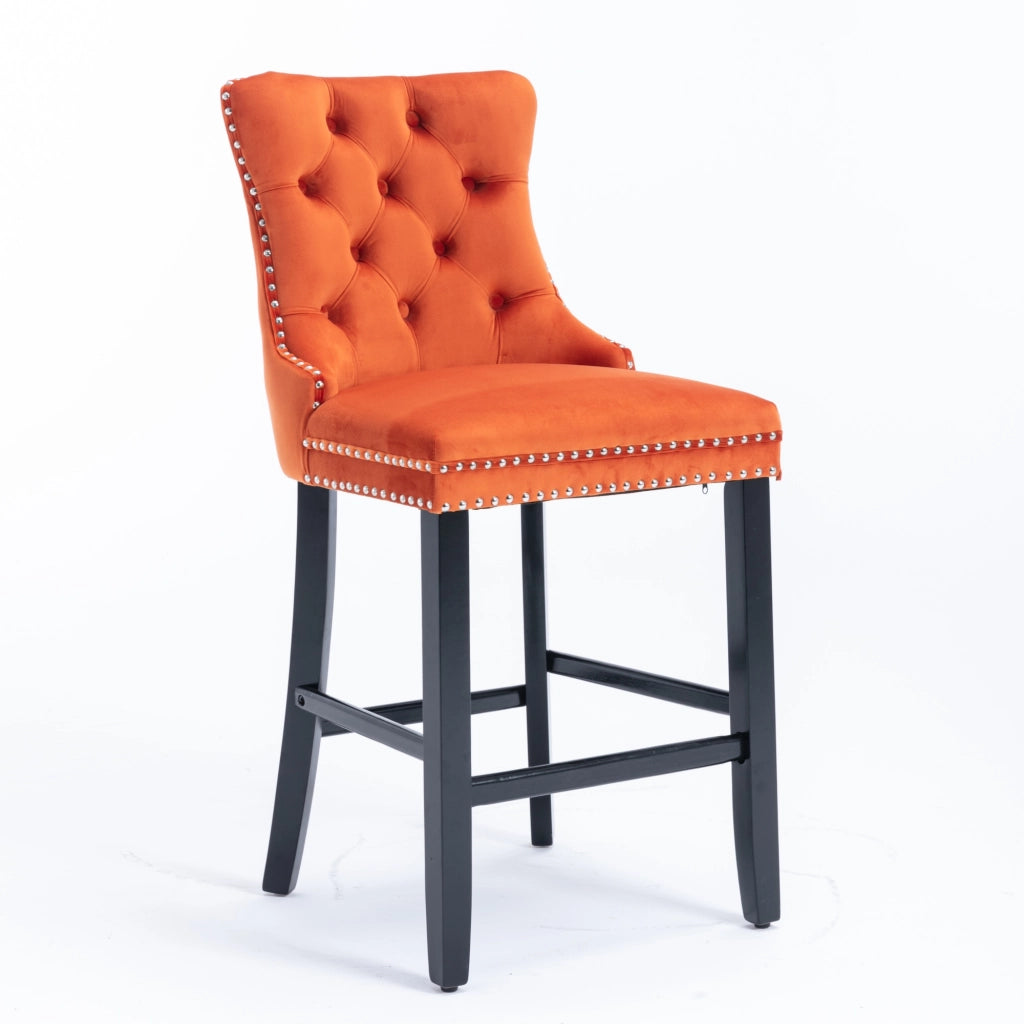 Sgabelli da Bar Velluto Imbottiti con Bottoni e Gambe in Legno ¨C MINIMAL ¨C Set di 2, Arancione