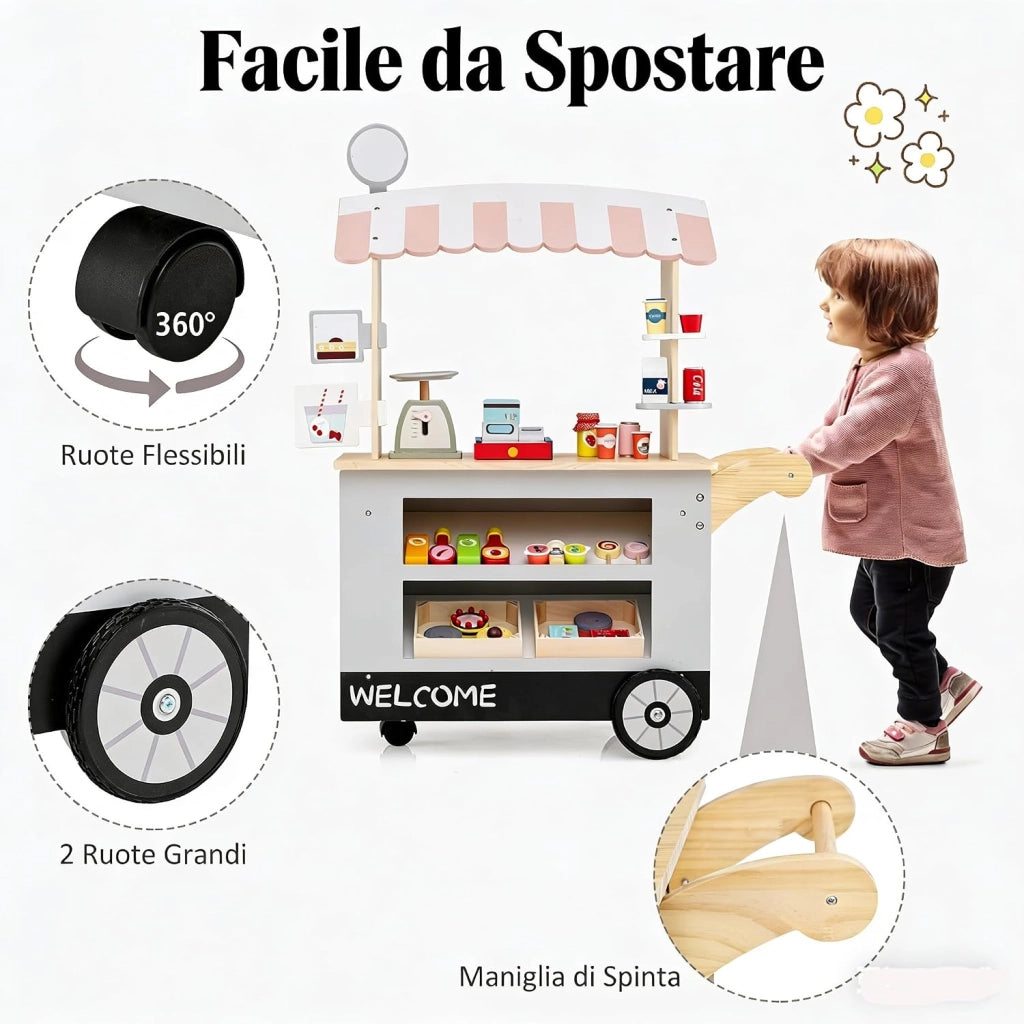Bancarella Giocattolo per Bambini in Legno, Supermercato Giocattolo per Bambini con POS Bilancia Mensole e Ripiani, 1 Ruota Piroettante e 2 Ruote Grandi, 3 Anni+ (Grigio)