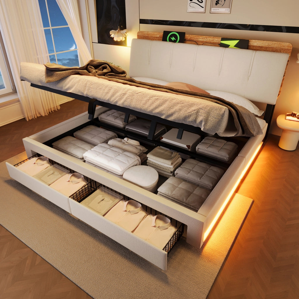 DESMIU Letto contenitore 180 × 200 cm 2 posti con USB, Type-C, LED, senza materasso, in lino, beige