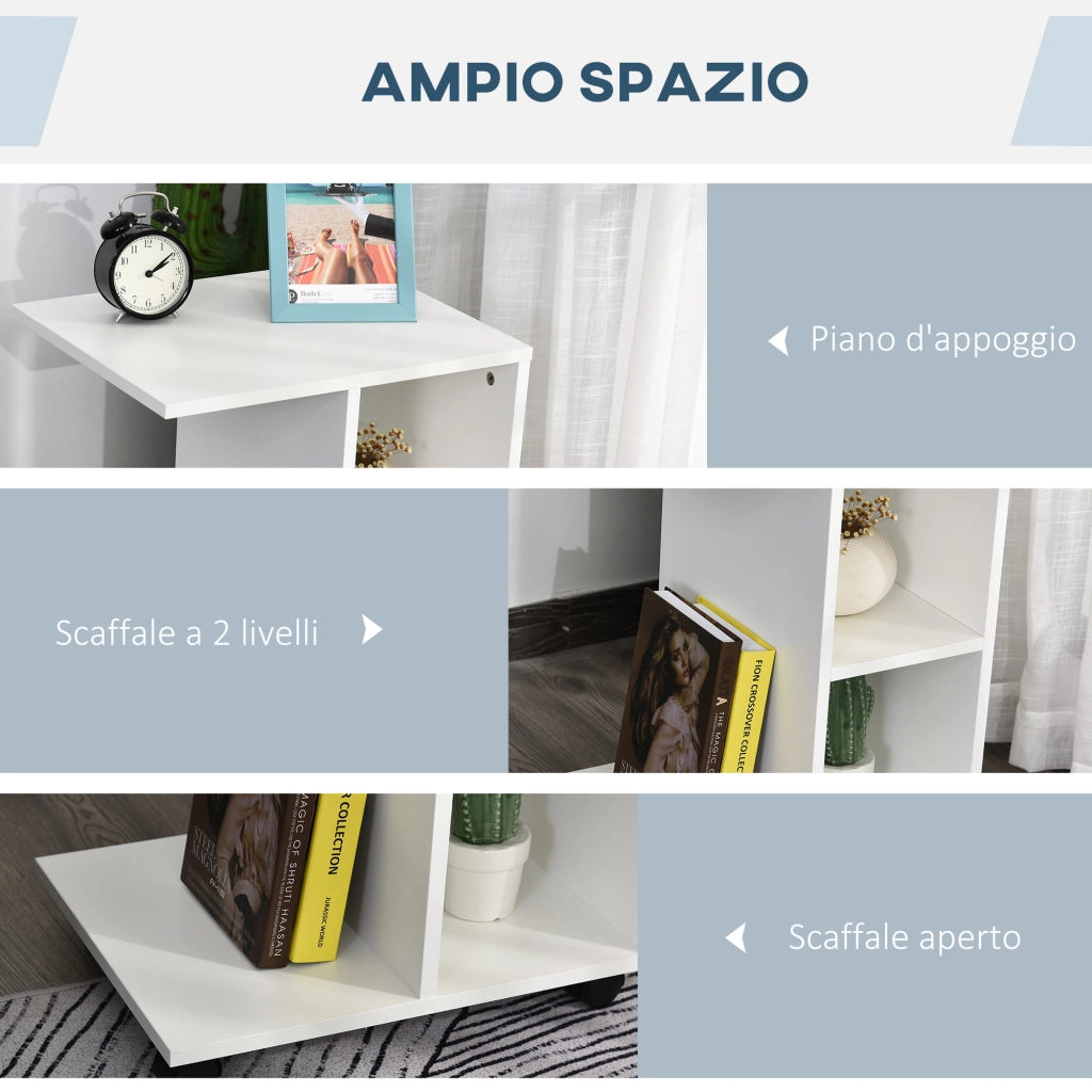 EasyComfort Tavolino da Salotto a C con 2 Ripiani Aperti e 4 Ruote Girevoli, in MDF e PE, 45x35x58 cm, Bianco