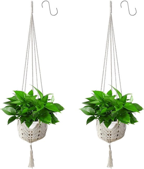 Bacini per piante appesi - corda di cotone macramé portabacche - contenitore per piante appeso - 2 pezzi - con 2 ganci appesi - supporto da parete per interni ed esterni - balcone giardino decorazione per la casa