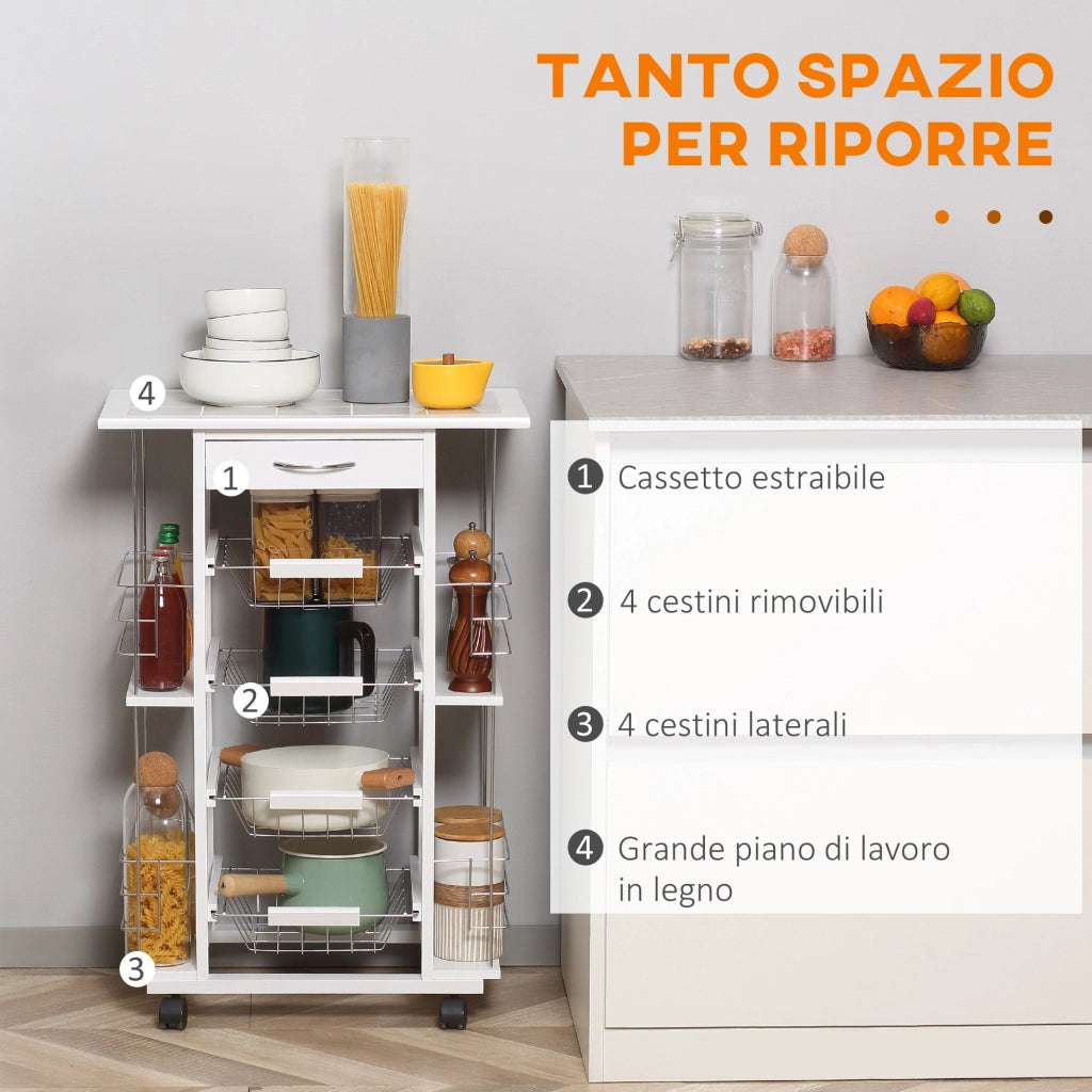 Carrello da Cucina con Ripiani e Cassetto Piano di Lavoro in Ceramica 57x37x83 cm