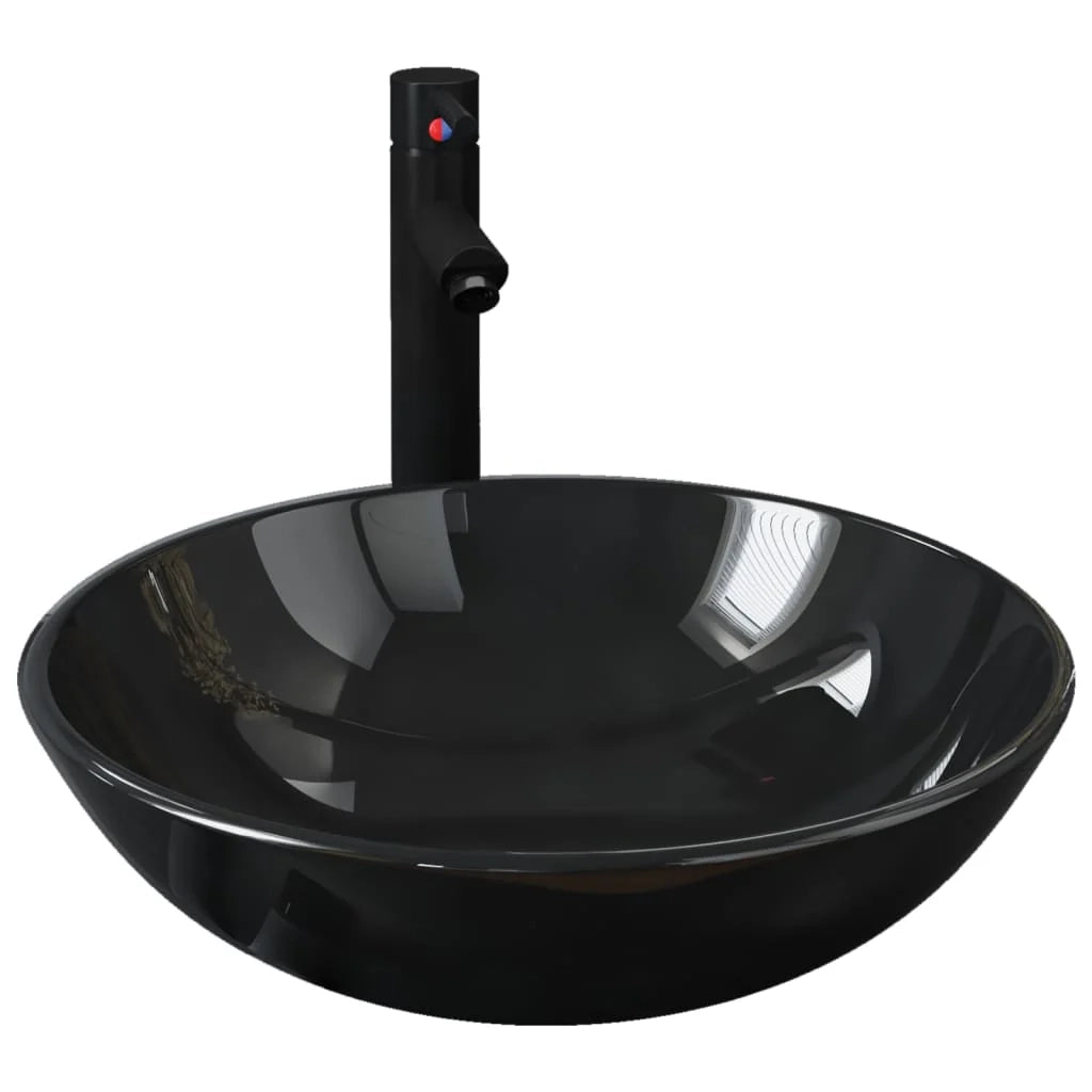 Lavabo da bagno diametro 42 cm con rubinetto e scarico a pulsante vetro temperato nero 02_0002855