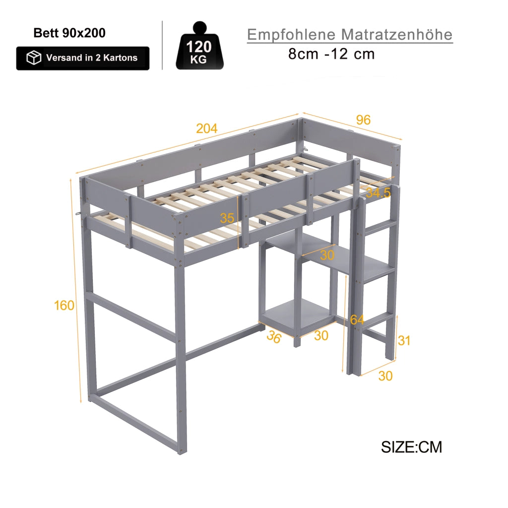 Letto a soppalco per bambini 90 × 200 cm con ripiano e barriere di sicurezza, senza materasso, in legno grigio