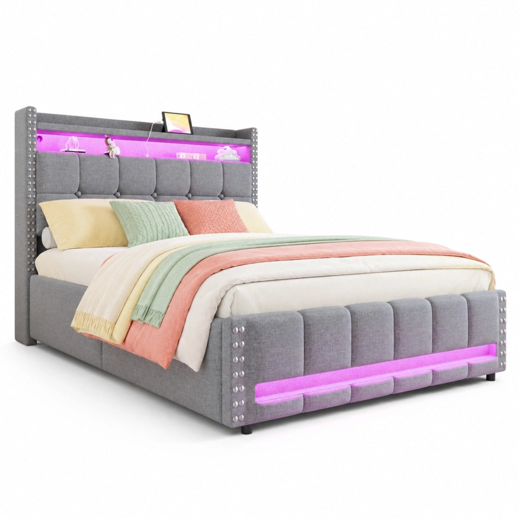 Letto imbottito 140x200 cm grigio chiaro, struttura in legno e metallo con LED e USB