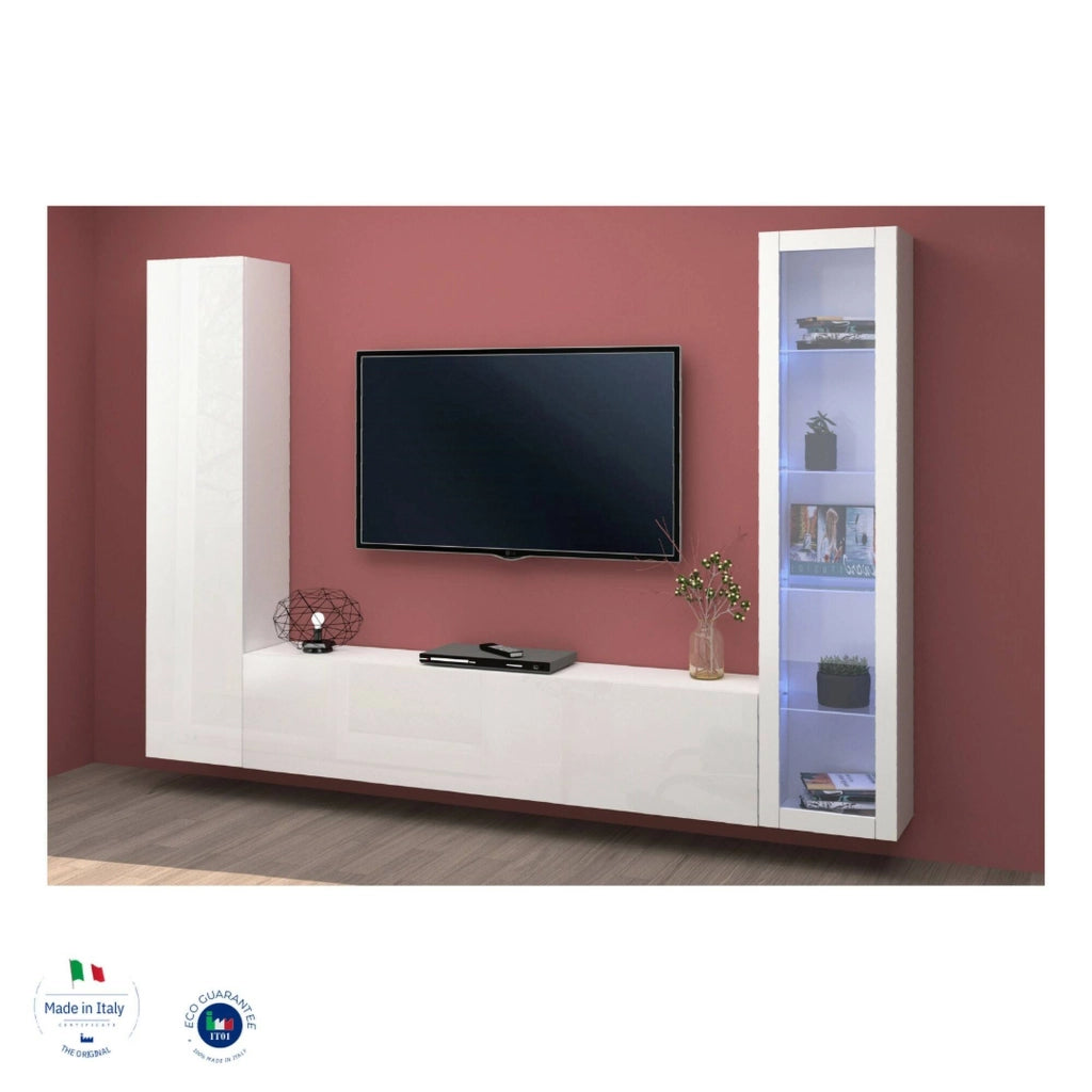 Mobile Soggiorno Felicina, Parete Attrezzata 9 Ripiani Made in Italy, 260x30x180h cm Bianco Lucido